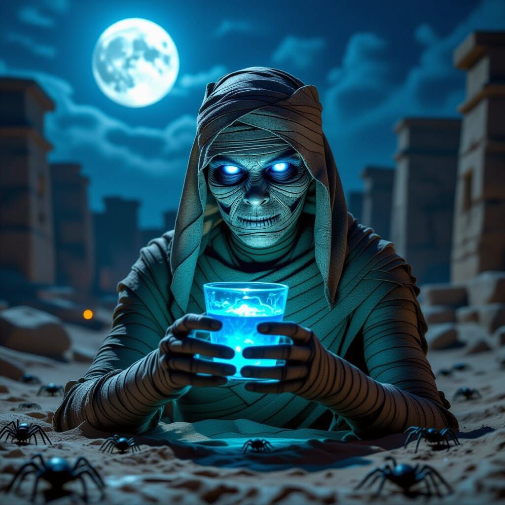 Mummy with Glowing Blue Eyes Holds Ethereal Potion