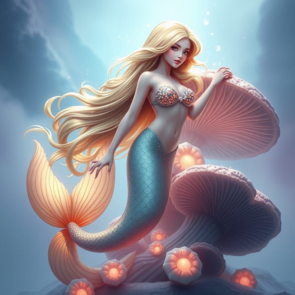 Ethereal Mermaid Rises from Whimsical Mushroom in Dreamlike ...