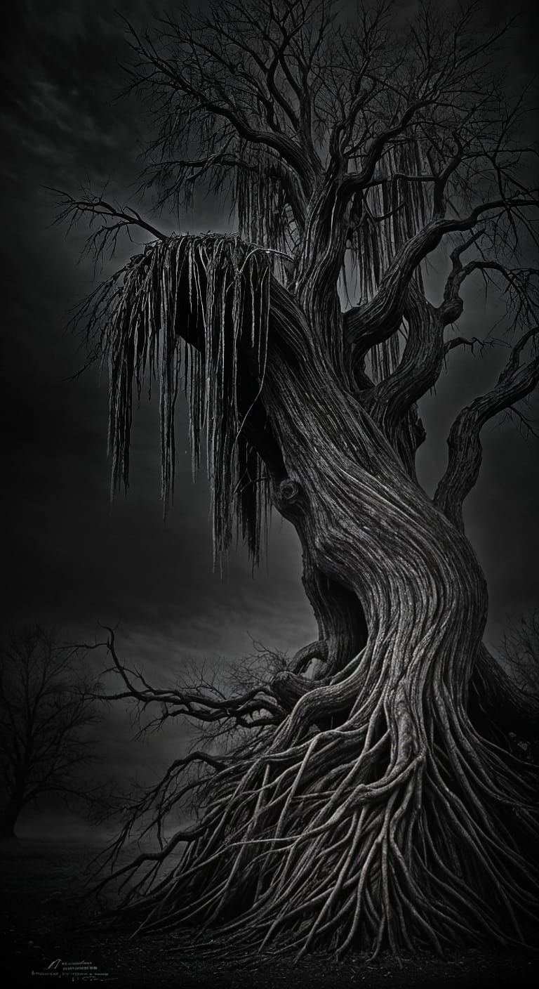 Creepy Dead Willow Tree Charcoal Drawing