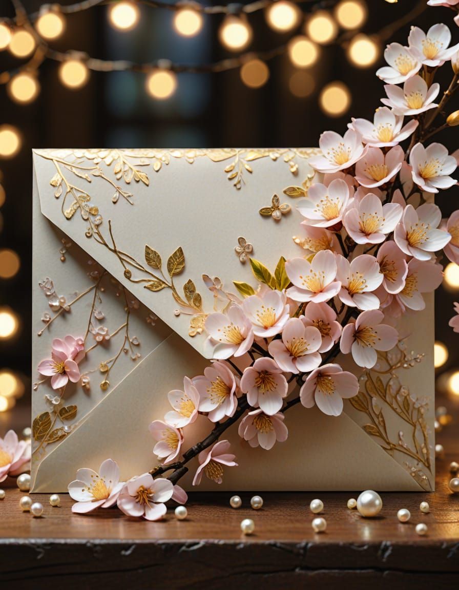 Sakura Flowers Spill from Artistic Postcard Envelope