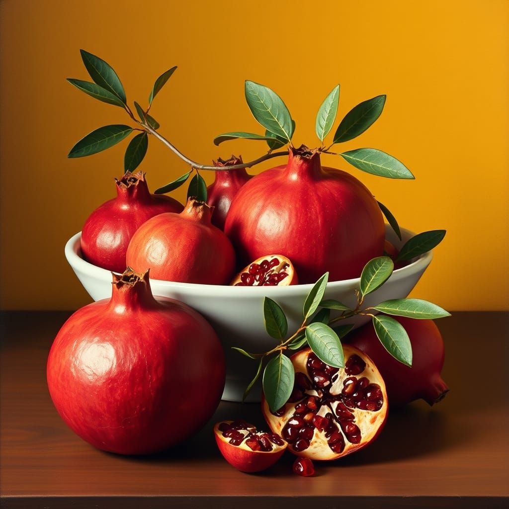 Still Life with Pomegranates in Warm Golden Light