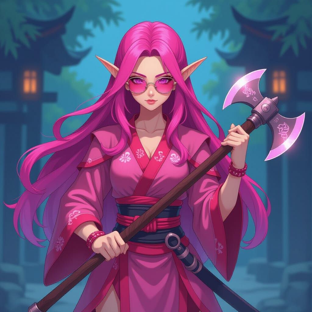 Night Elf Monk with Pink Hair in Anime Style