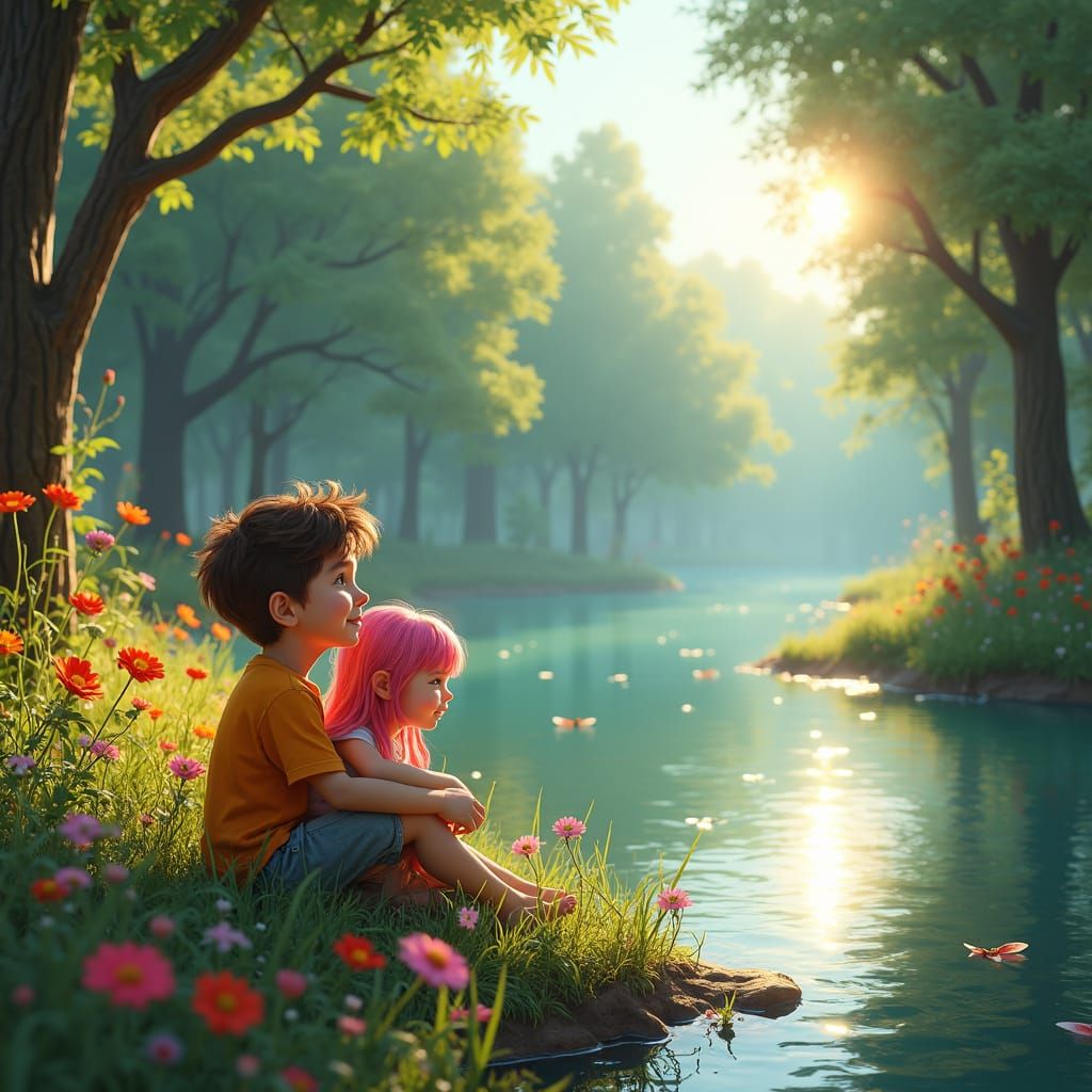 Children by Riverbank in a Lush Landscape