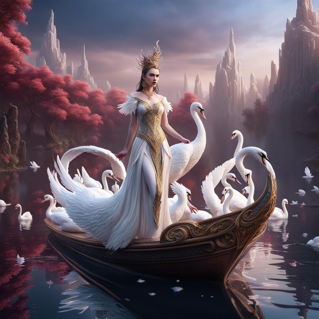 Crystal Swan Goddess on Boat: Fantasy Concept Art