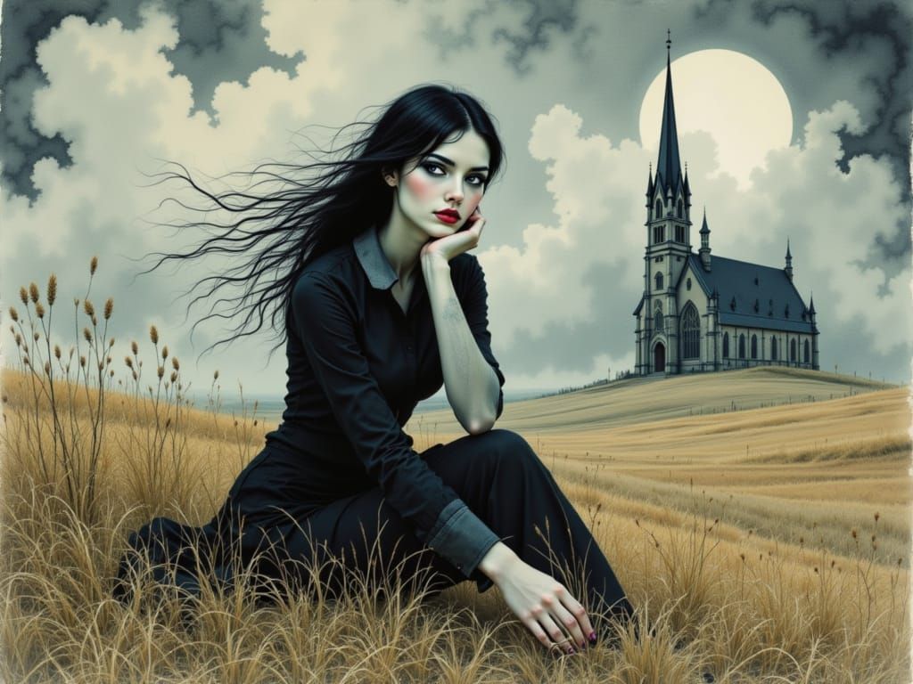 Gothic Woman in Field as Watercolor Painting