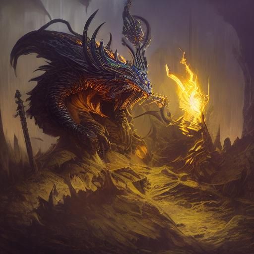 Dragon and Warrior Clash in Dark Fantasy Art