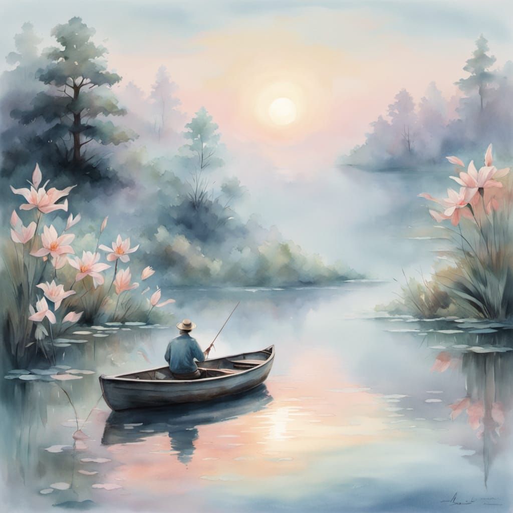 Fisherman on Misty Lake at Dawn Watercolor Painting