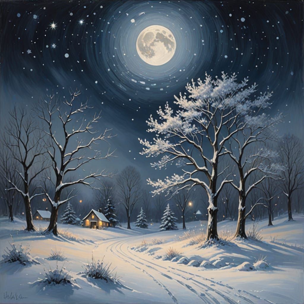 Impressionist Moon Over Snowy Landscape