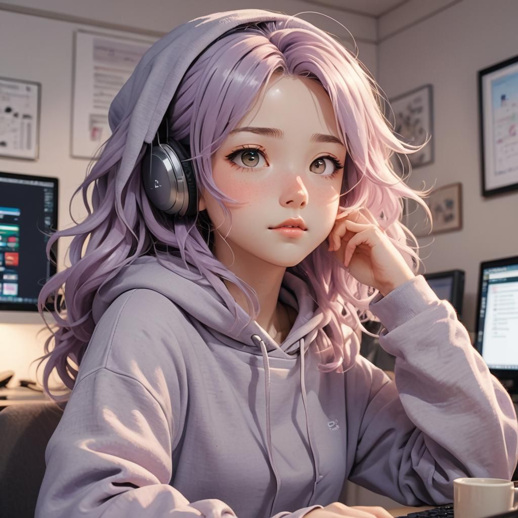 A sleepy anime waifu with wavy lavender hair cascading around her shoulders, dressed in a snug gray hoodie. She sits in ...