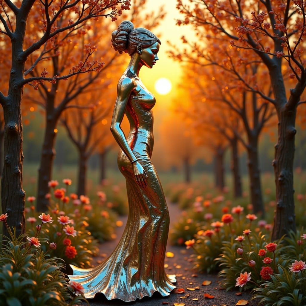 Woman in Magical Forest at Sunset in Shiny Metal Art Style