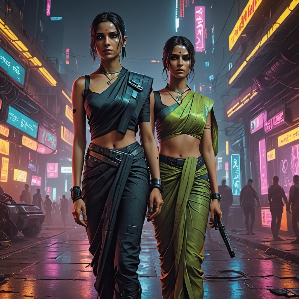 Woman in Saree in Cyberpunk Neon Cityscape