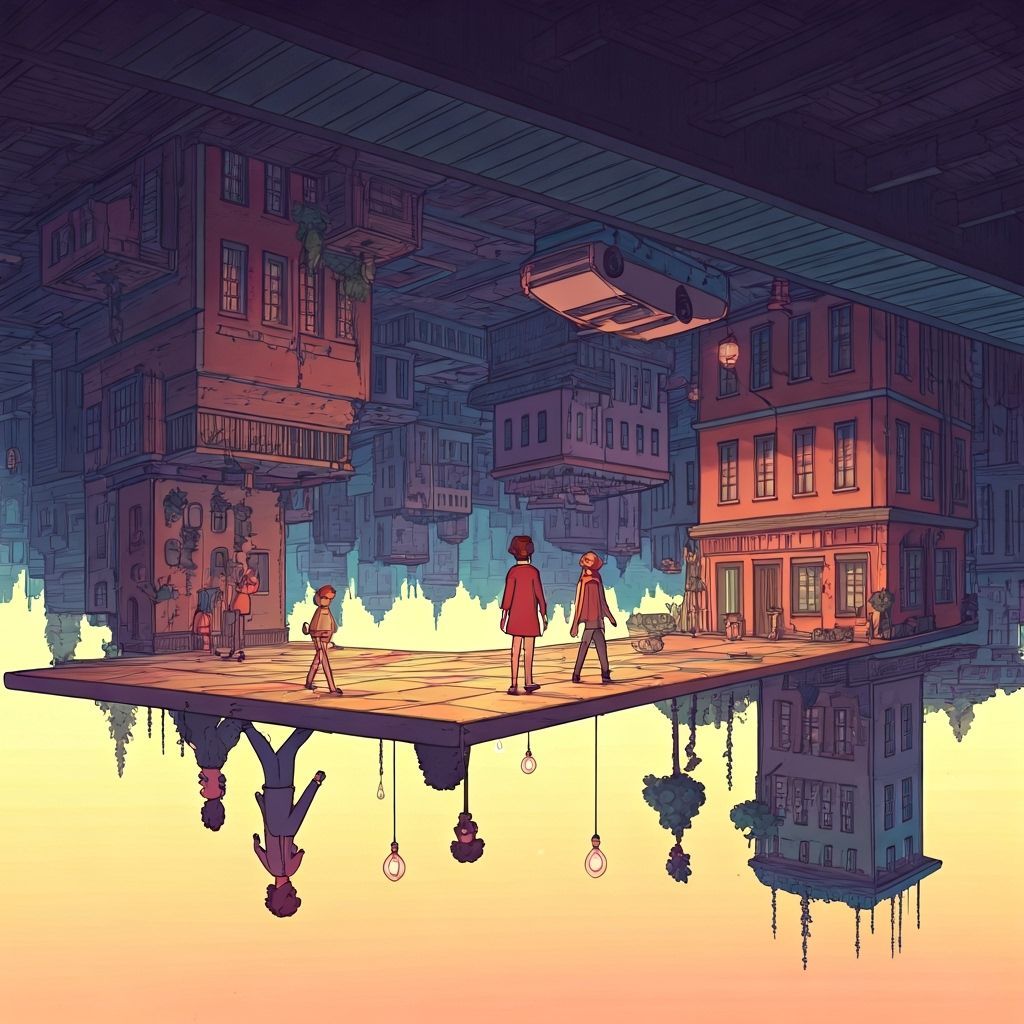 Upside-Down Street Scene in Whimsical Cartoon Style