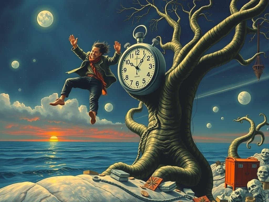 Director's Joyful Leap: Surreal Maximalist Illustration