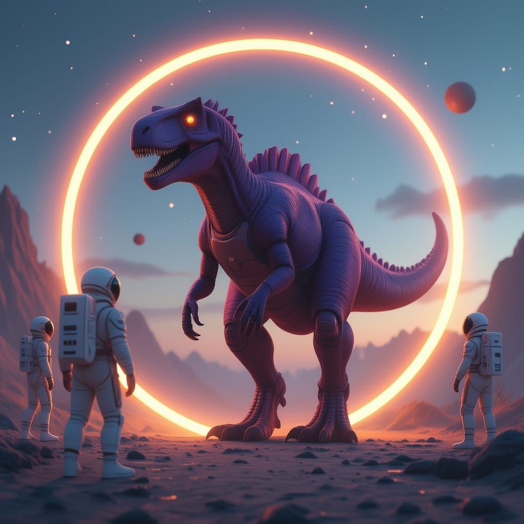 Astronauts Watch a Dinosaur in Sci-Fi Scene