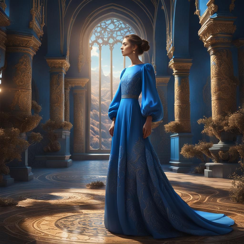 Woman in Blue Dress: Detailed Matte Painting