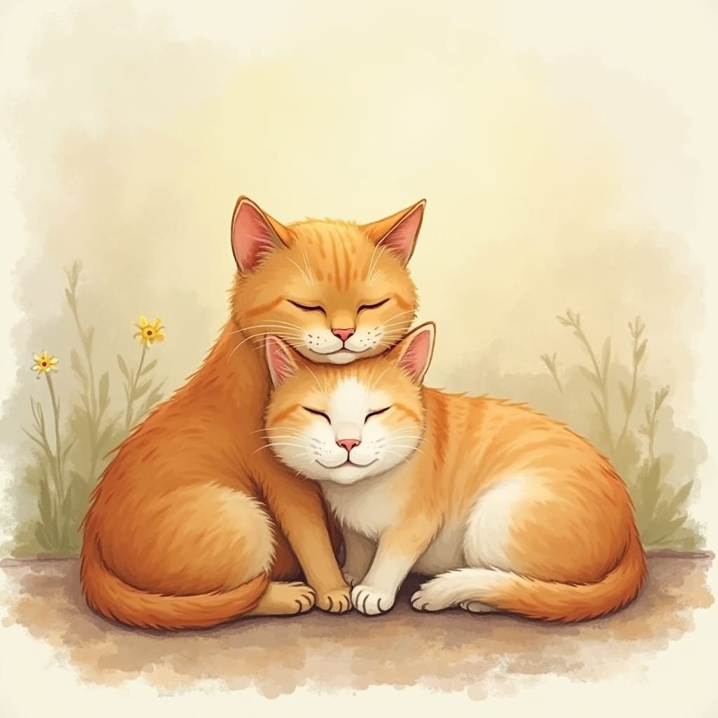 Whimsical Domestic Scene of a Cat and Dog Snuggling