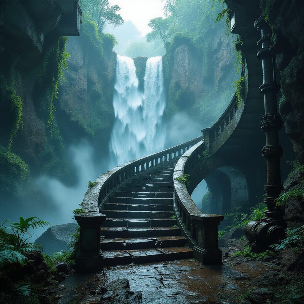 Waterfall Staircase with Industrial Elements