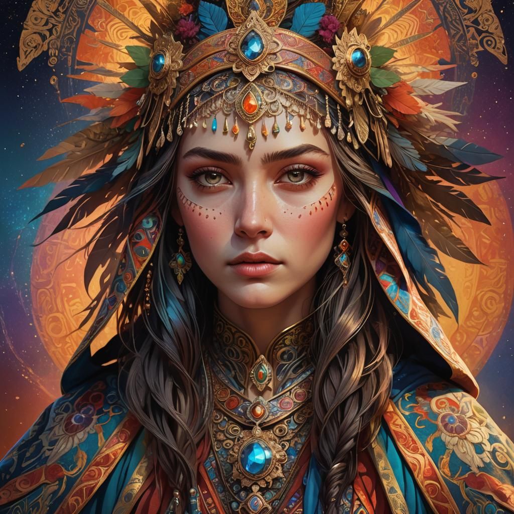 Hyperrealistic Woman with Headdress in Splash Art Style