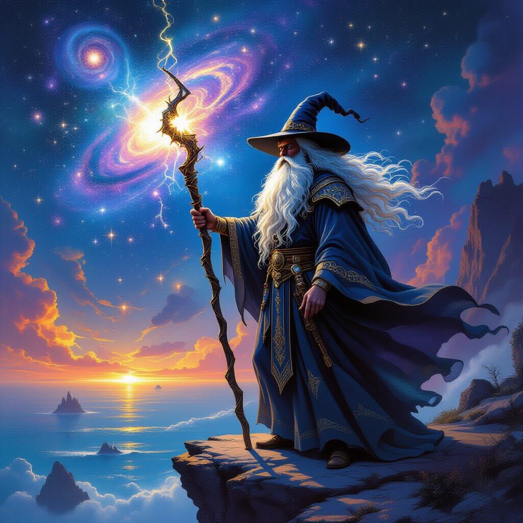 Ancient Wizard Overlooking Cosmic Ocean