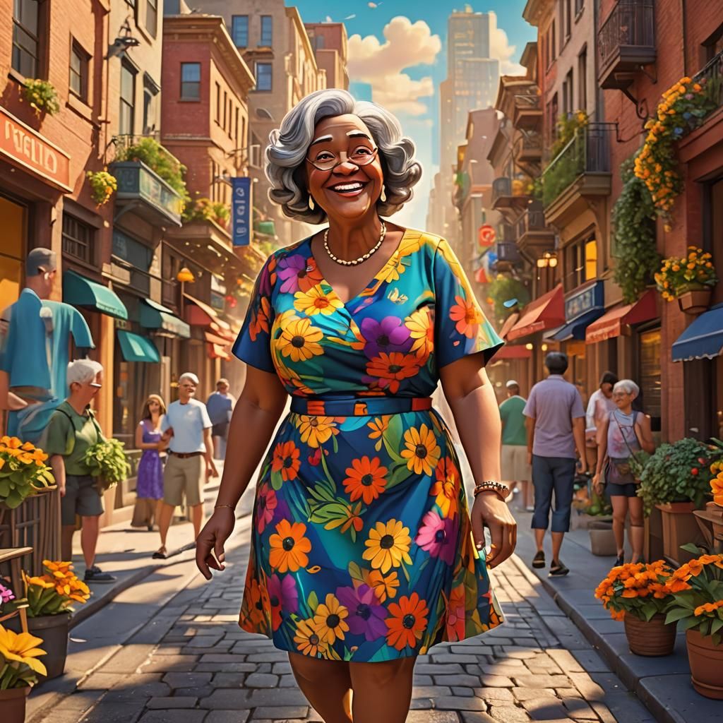Cheerful Older Woman in Vibrant City, 3D Digital Art