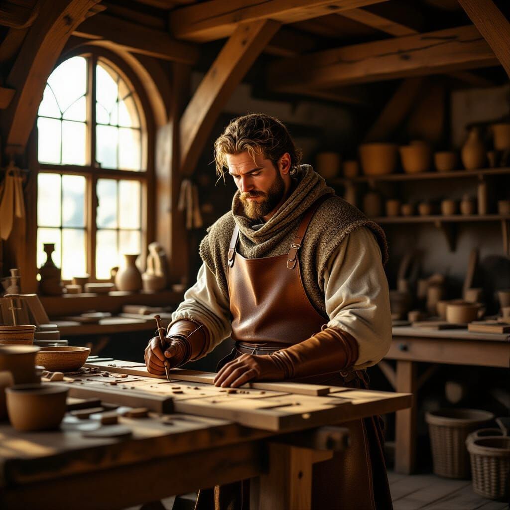 Medieval Woodworker in Workshop, Golden Lighting
