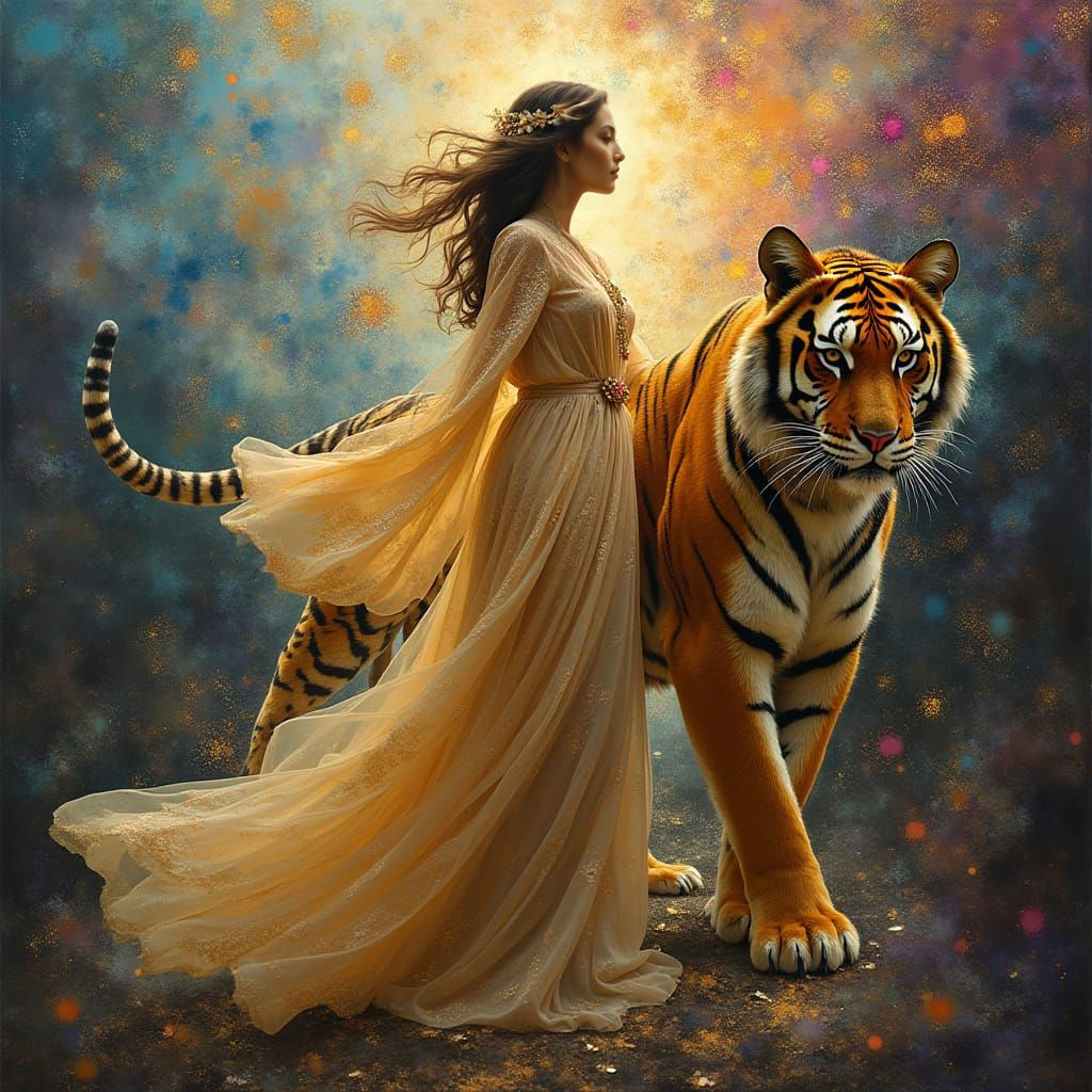 Woman Transforms into a Majestic Tiger in a Dreamlike, Ether...