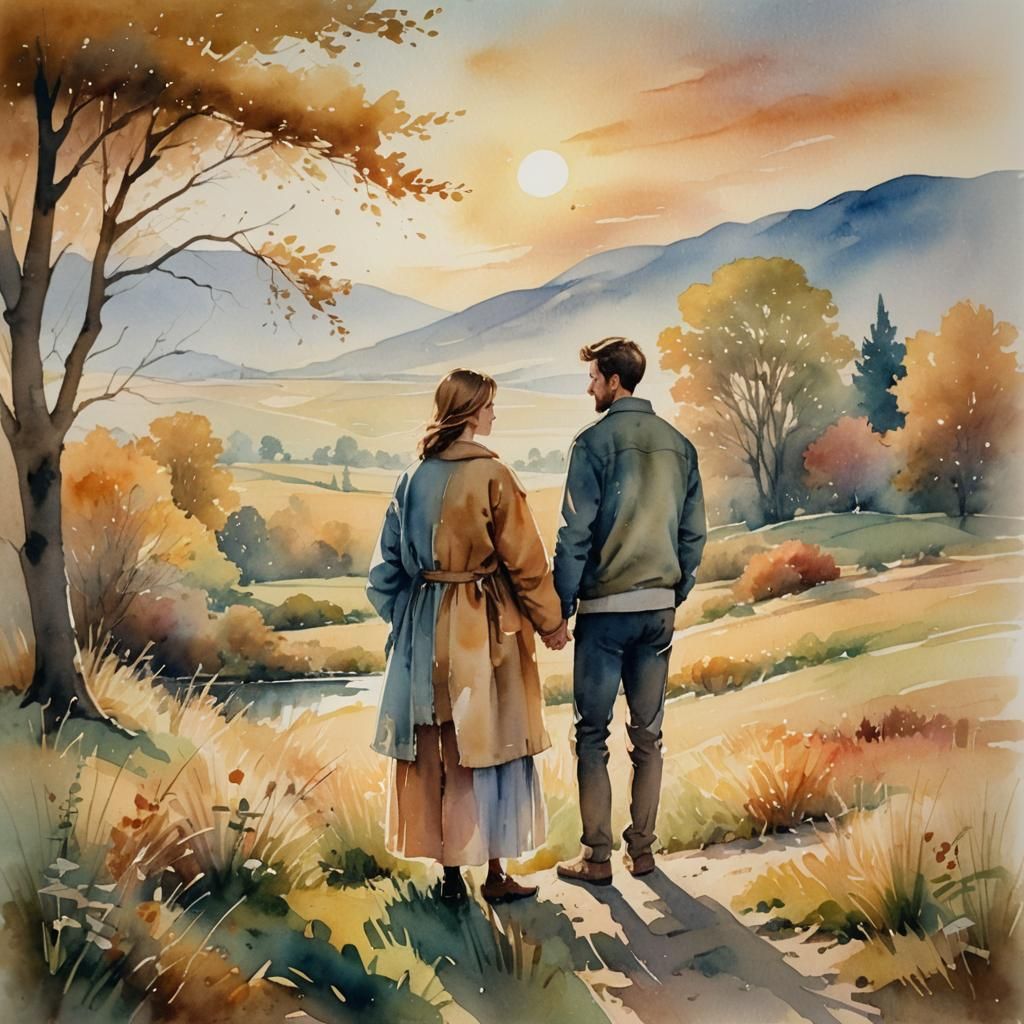 Dreamy Watercolor Couple in Serene Golden Landscape