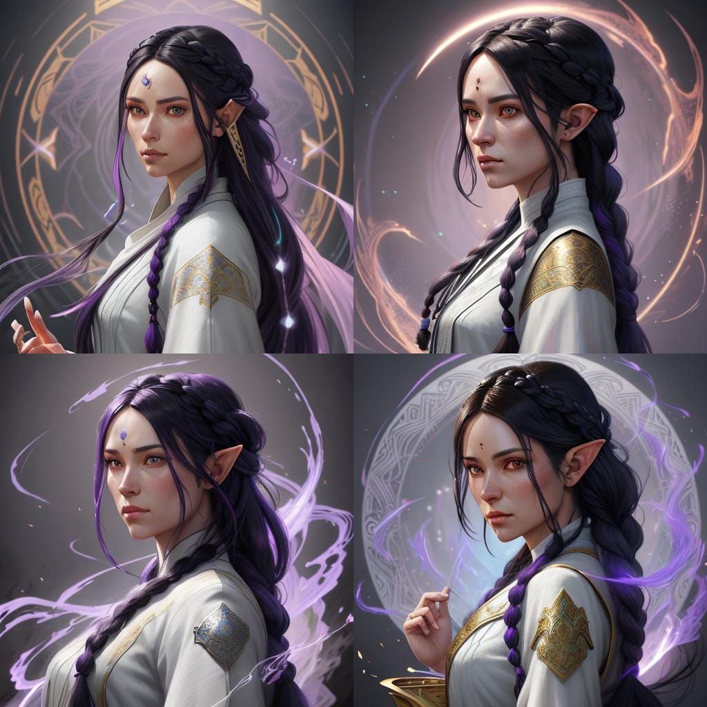 Half-Elf Monk with Purple Flames, Detailed Portrait
