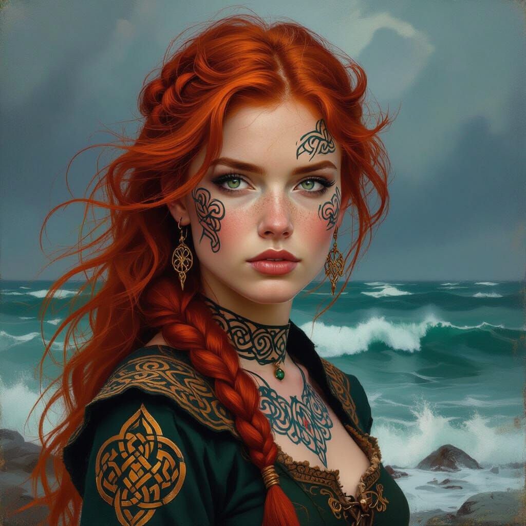 Celtic Warrior Woman Portrait in Vibrant Acrylics