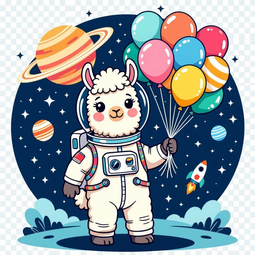 Llama Astronaut with Planet Balloons: Vector Art