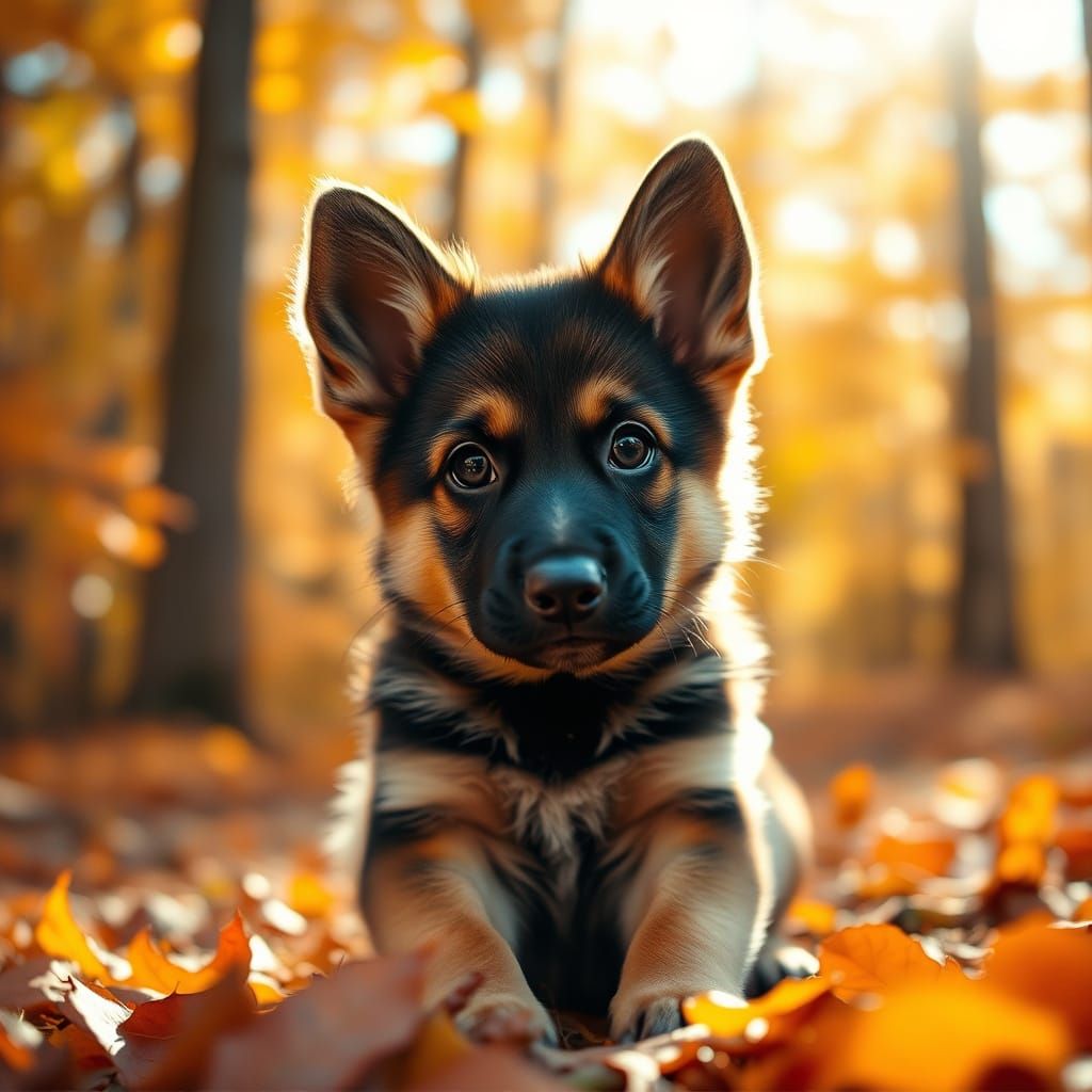 German Shepherd Puppy in Autumn Forest