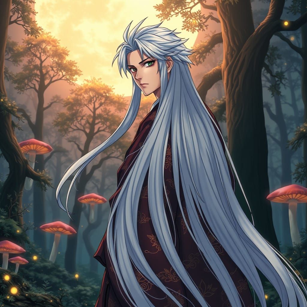 Heroic Manga Character with Long White Hair in Moonlit Fores...