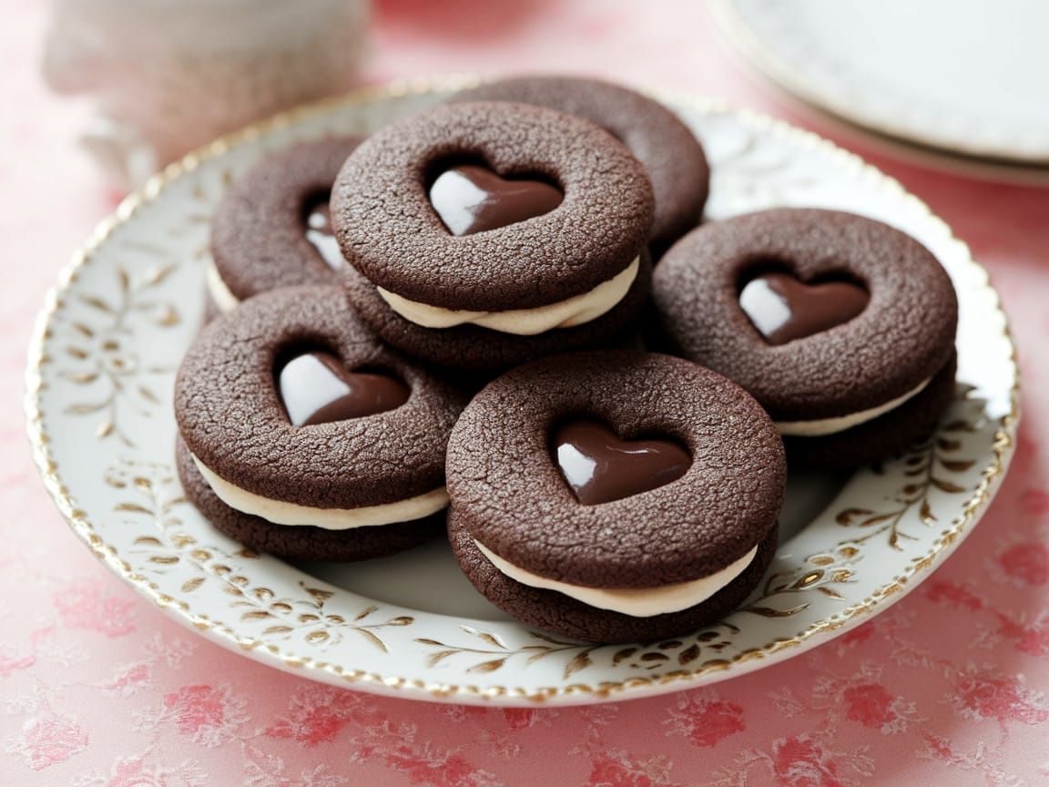 Decadent Chocolate Sandwich Cookies on Delicate White Cerami...