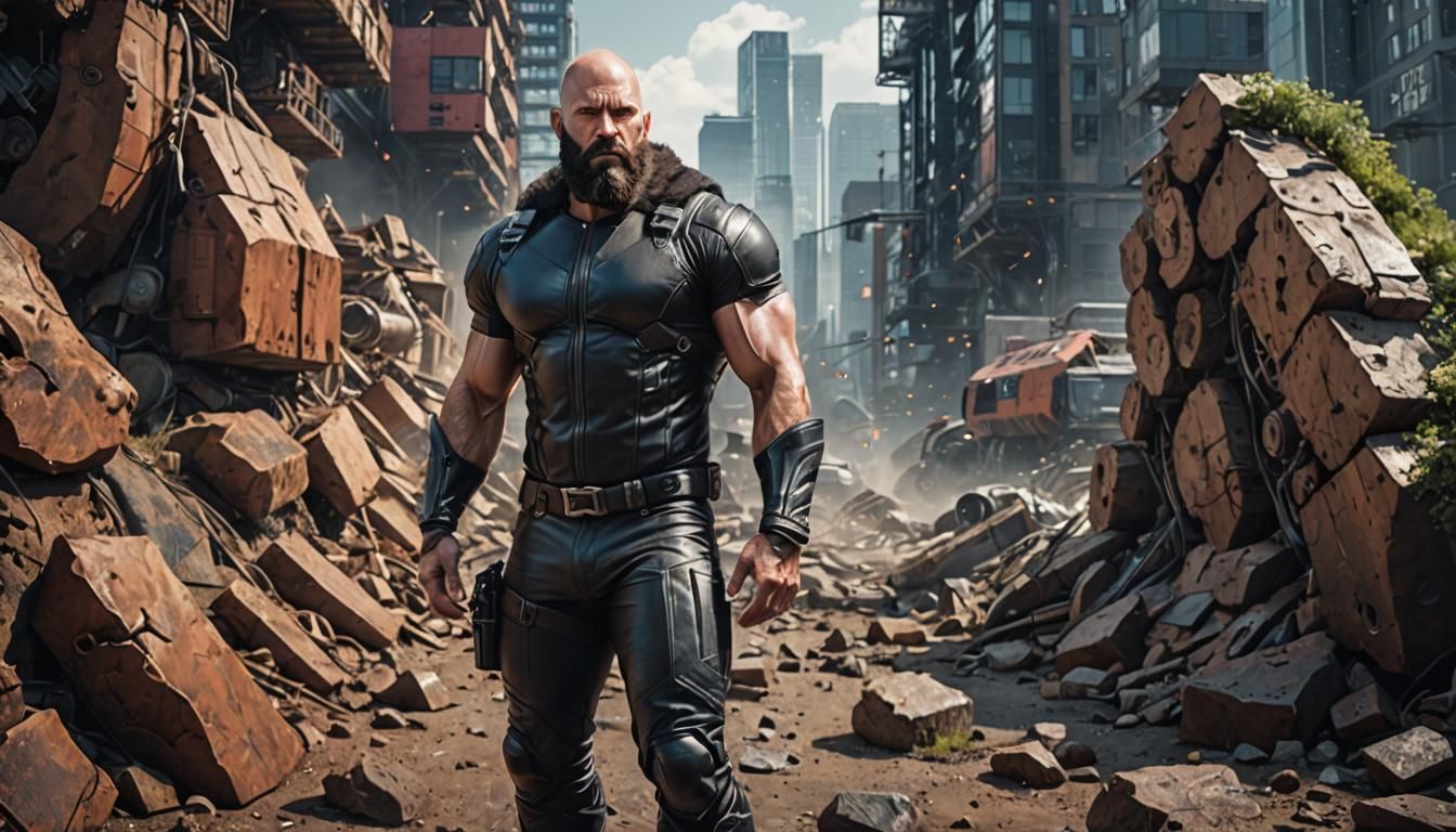 Muscular Bearded Man in Leather Outfit, Tech Landscape