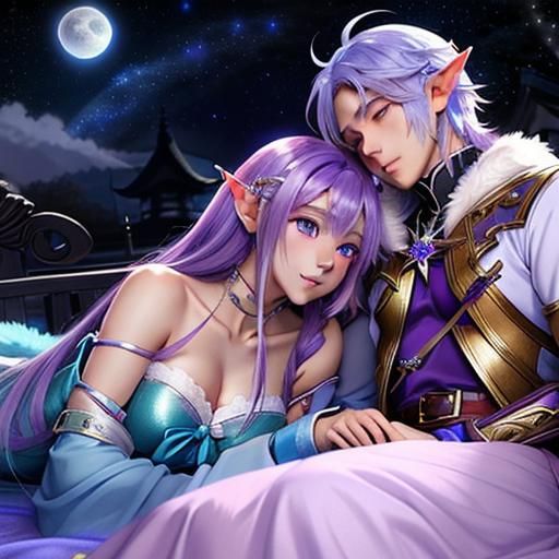 Elf and Lover in Bed Under Moon, Anime Style