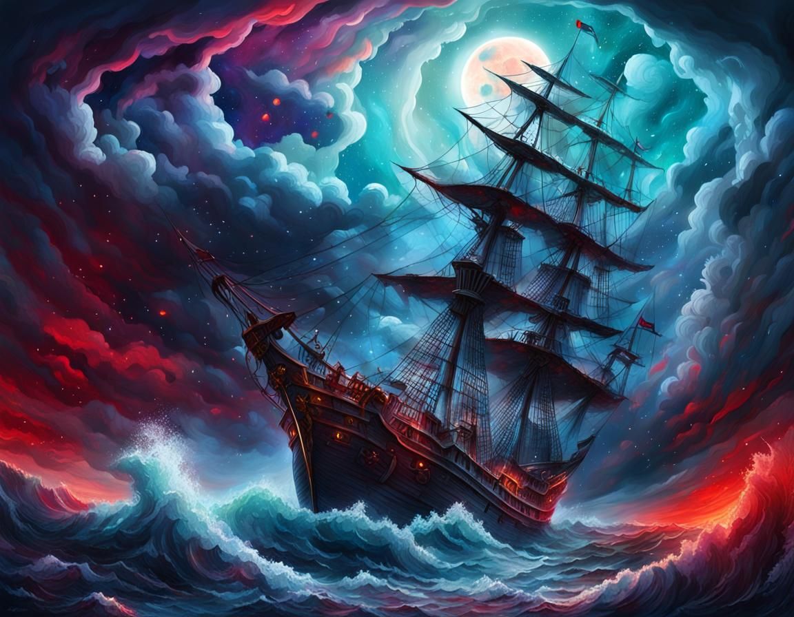 Pirate Ship Sailing Stormy Seas in Cosmic Illustration
