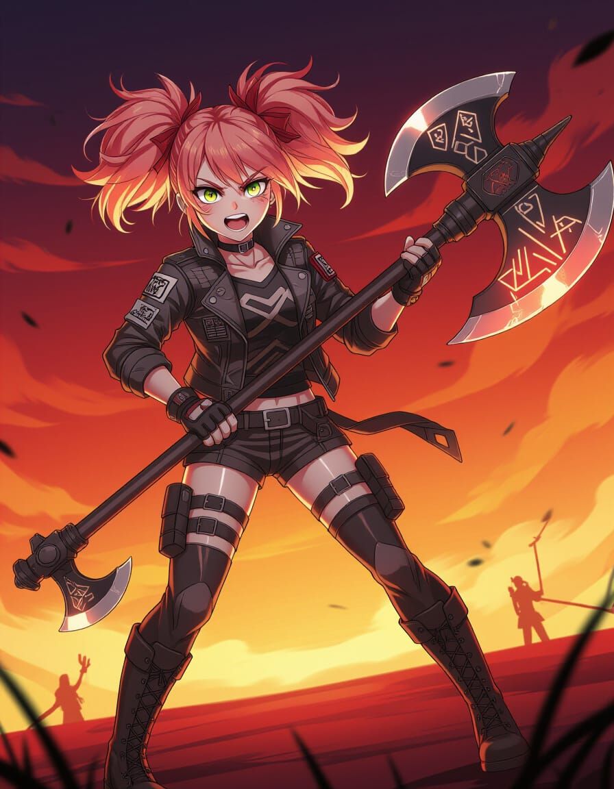 Fierce Anime Girl with Glowing Axe on Rooftop