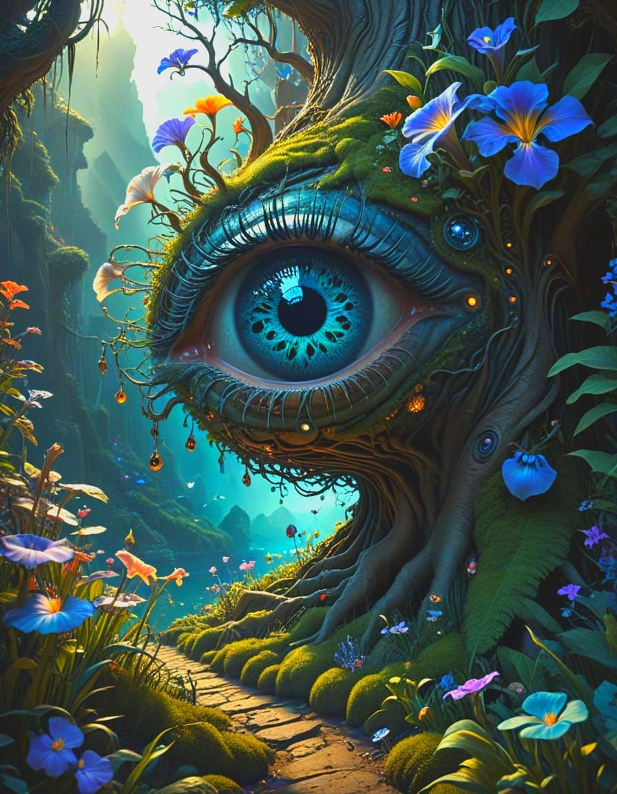 Giant Tree Eyeball Amidst Whimsical, Gothic Flora