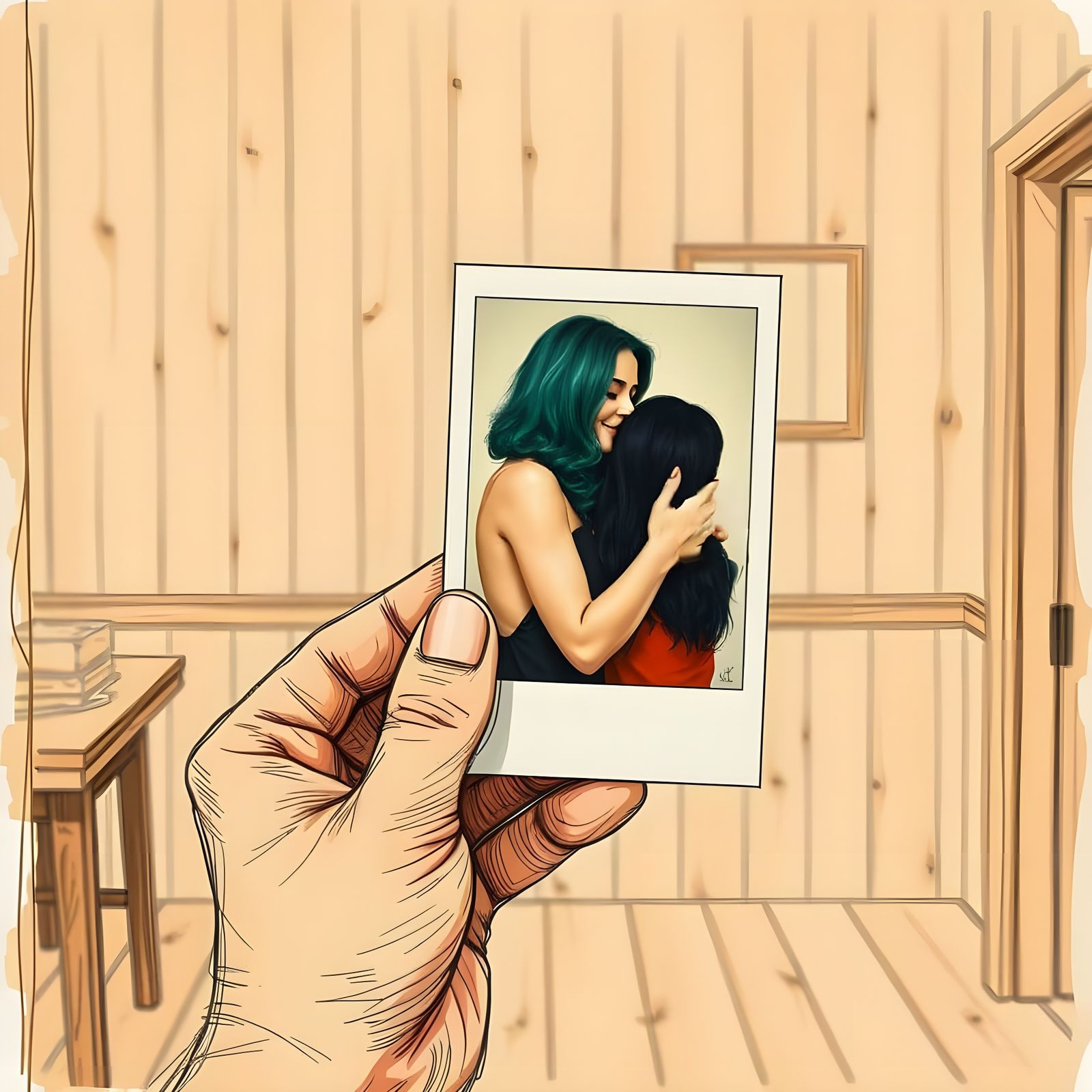 Sepia-Toned Hand Holding a Vibrant Polaroid of a Romantic Mo...