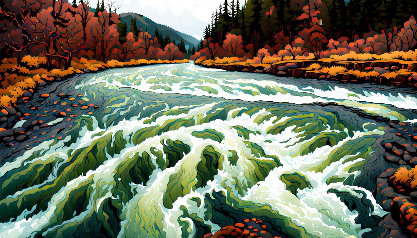 Salmon Zigzagging Upstream in Swirling River