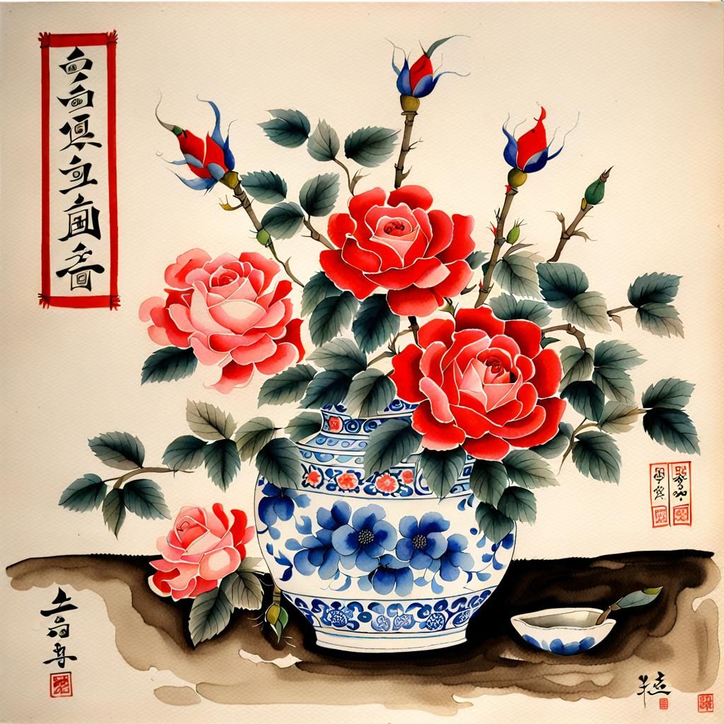 Oriental Still Life: Dagger and Rose in Watercolor