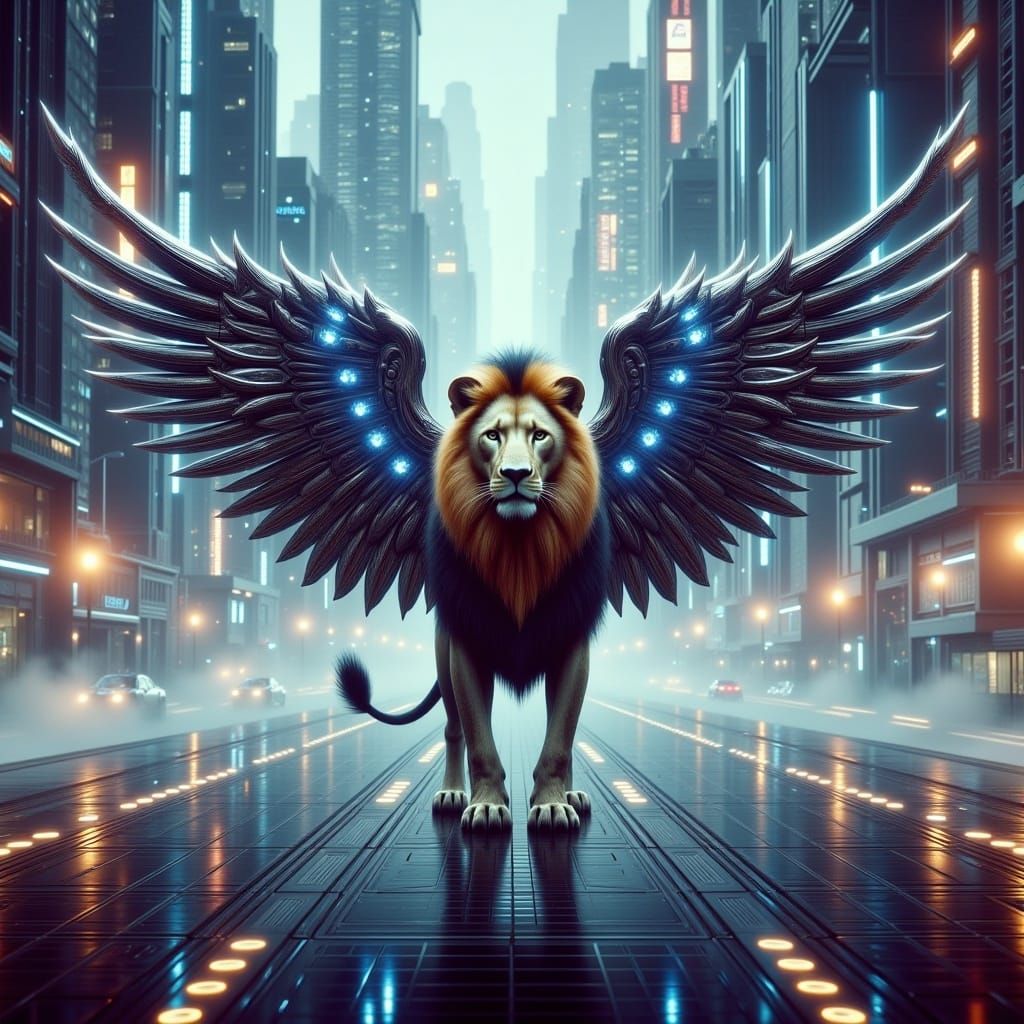 Winged Lion in Cyberpunk Cityscape