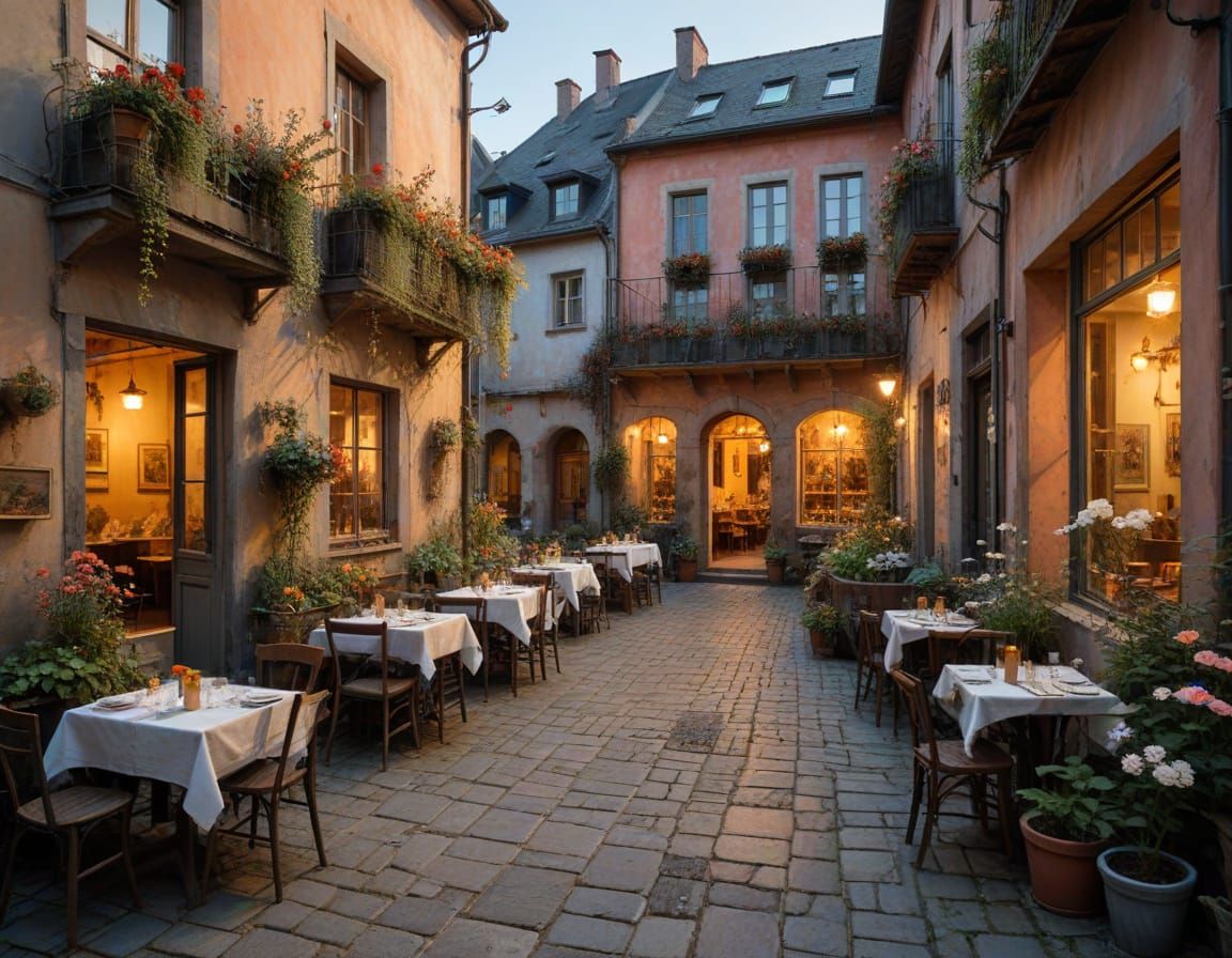Vibrant German Old Town Courtyard in Golden Hour