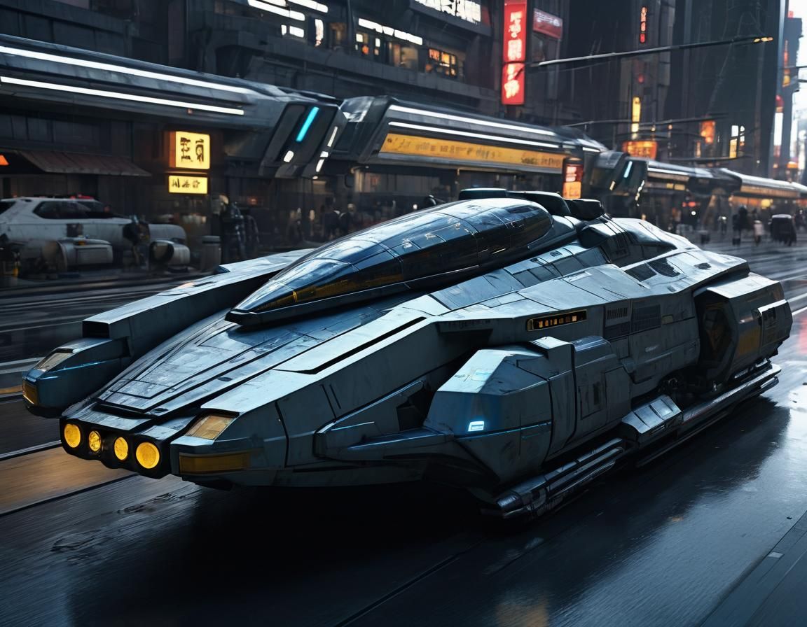 Futuristic Vehicle in Cyberpunk Dystopian City