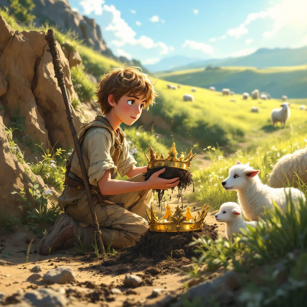 Boy Discovers Golden Crown on Sunlit Hillside