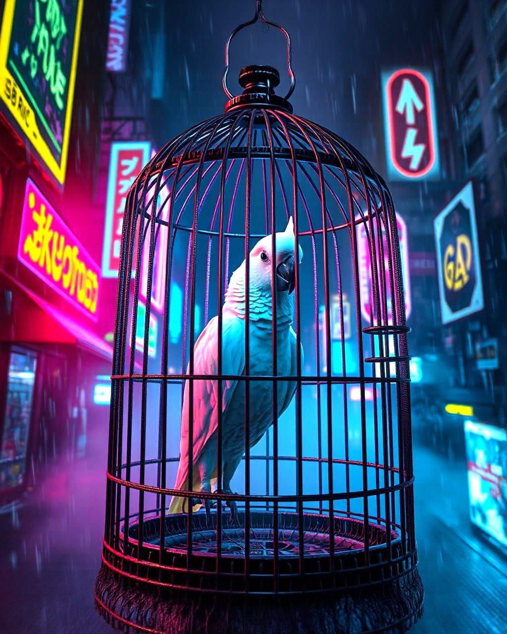Cyberpunk Birdcage With Neon Lights and White Parrot