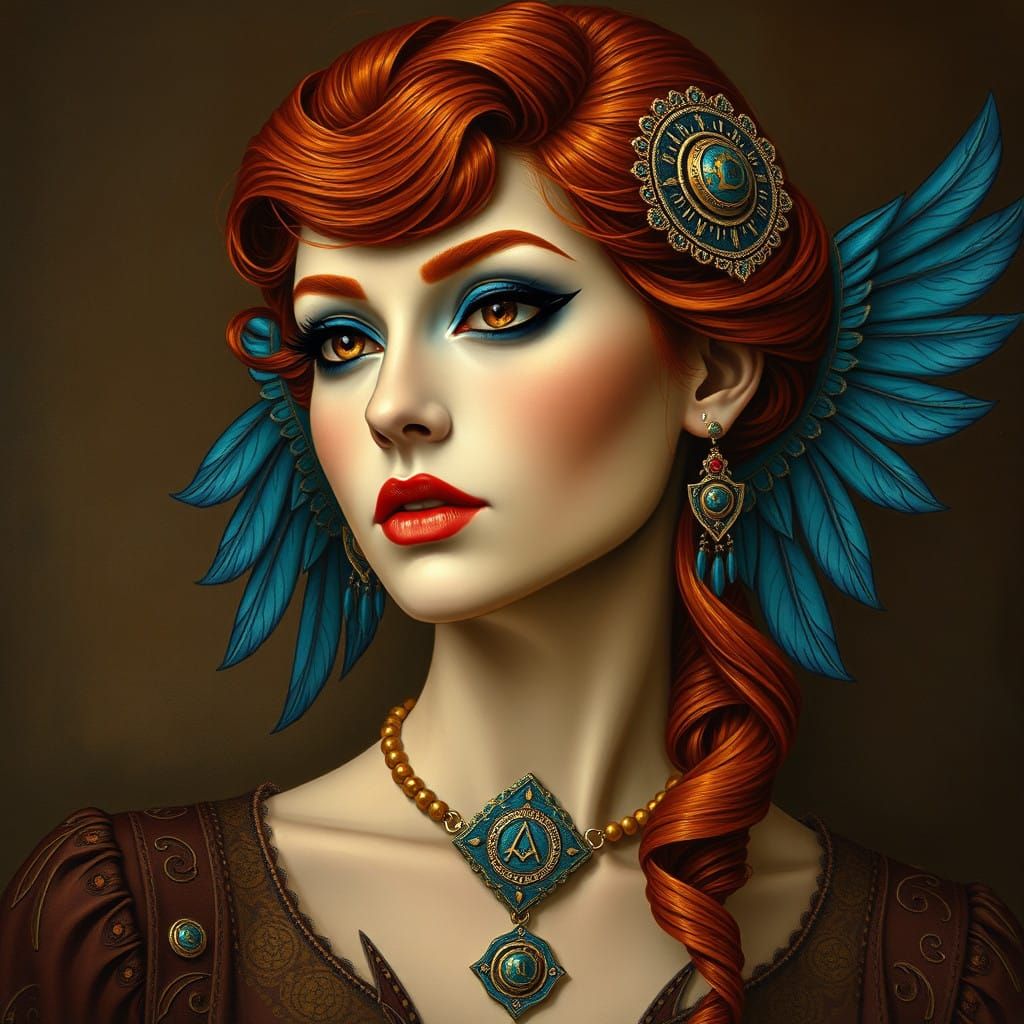 Surreal Portrait of a Strong Red-Headed Woman in Deep Brown...