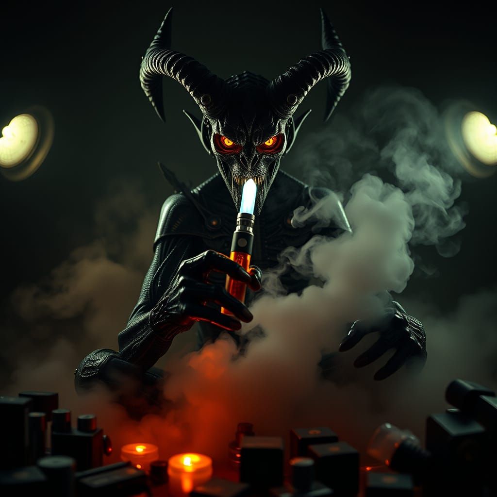 Cyberpunk Demon Holds First Vape Electronic Cigarette in Sha...