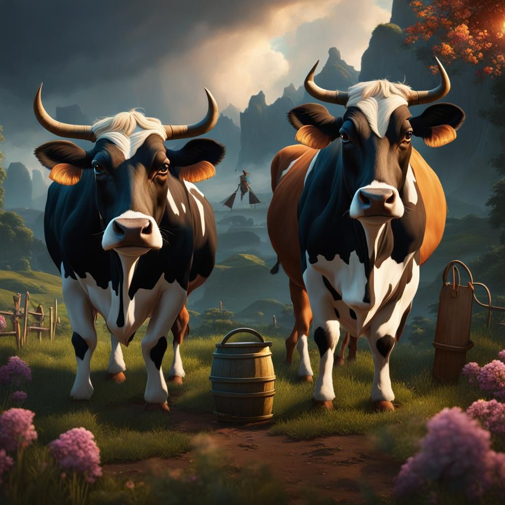 Cows Protest with Woman Farmer: Fantasy Concept Art