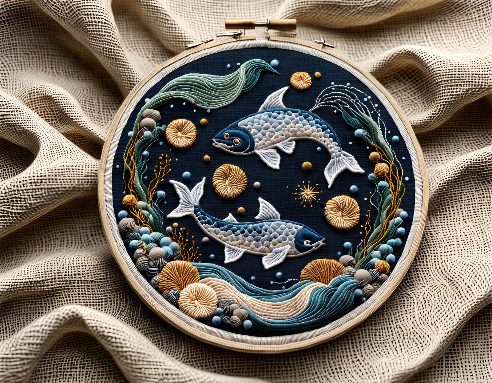 Embroidered Pisces Zodiac Symbol on Linen